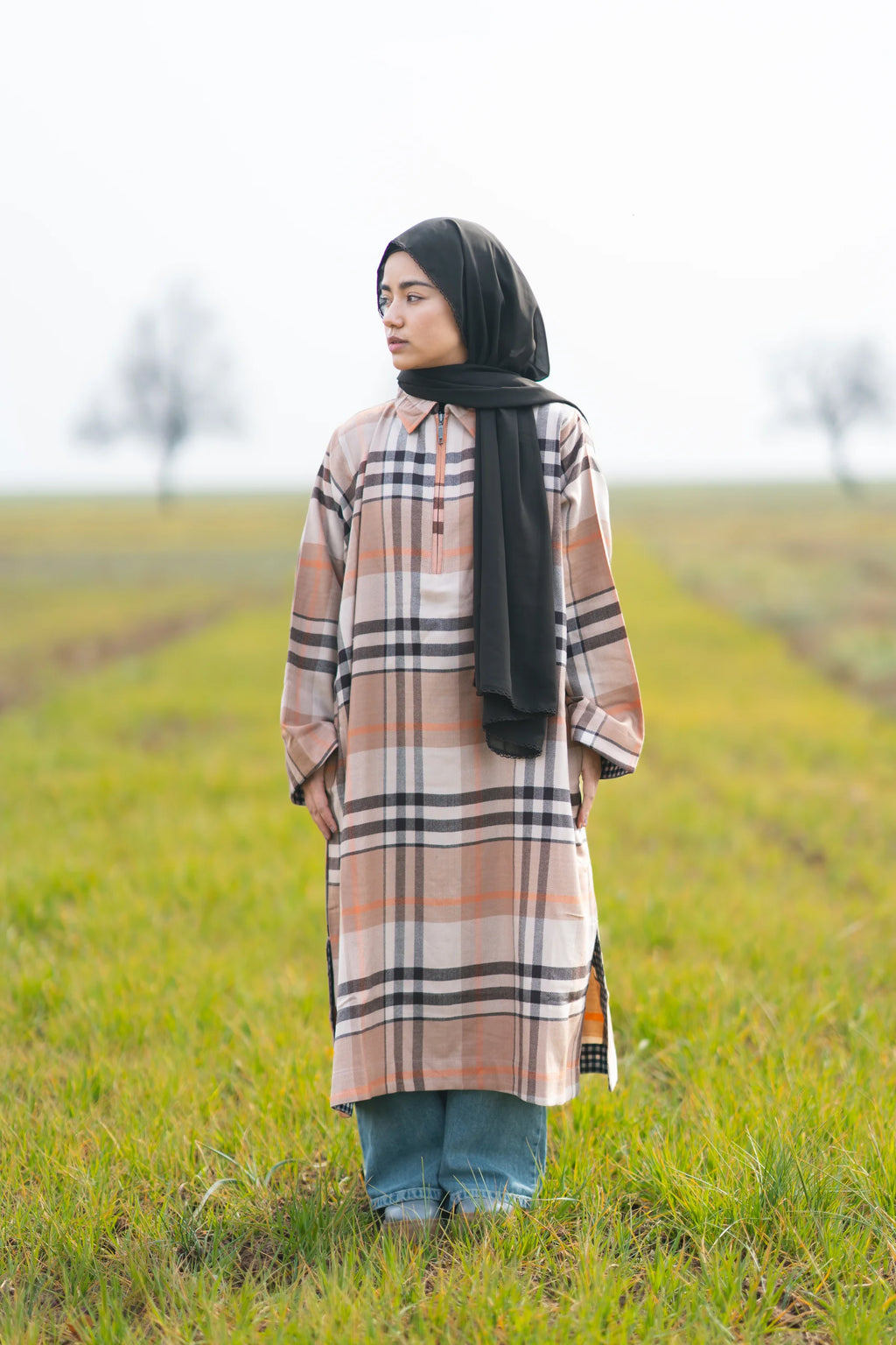 Light Almond Checked kashmiri Traditional female winter Pheran
