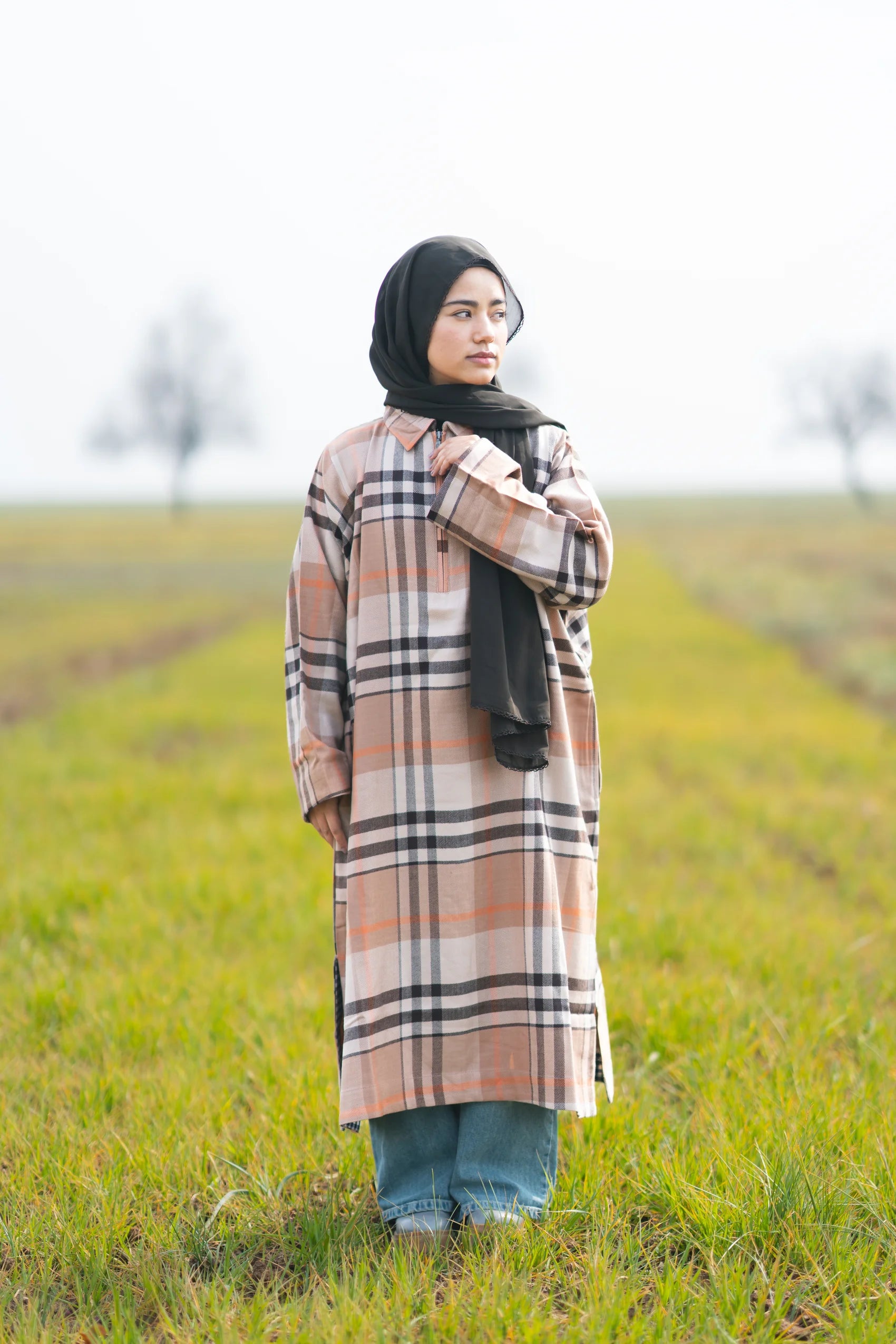 Light Almond Checked kashmiri Traditional female winter Pheran
