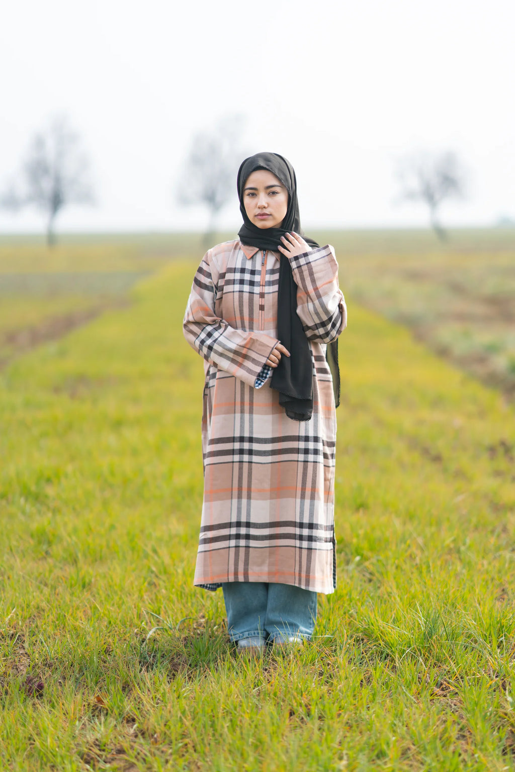 Light Almond Checked kashmiri Traditional female winter Pheran
