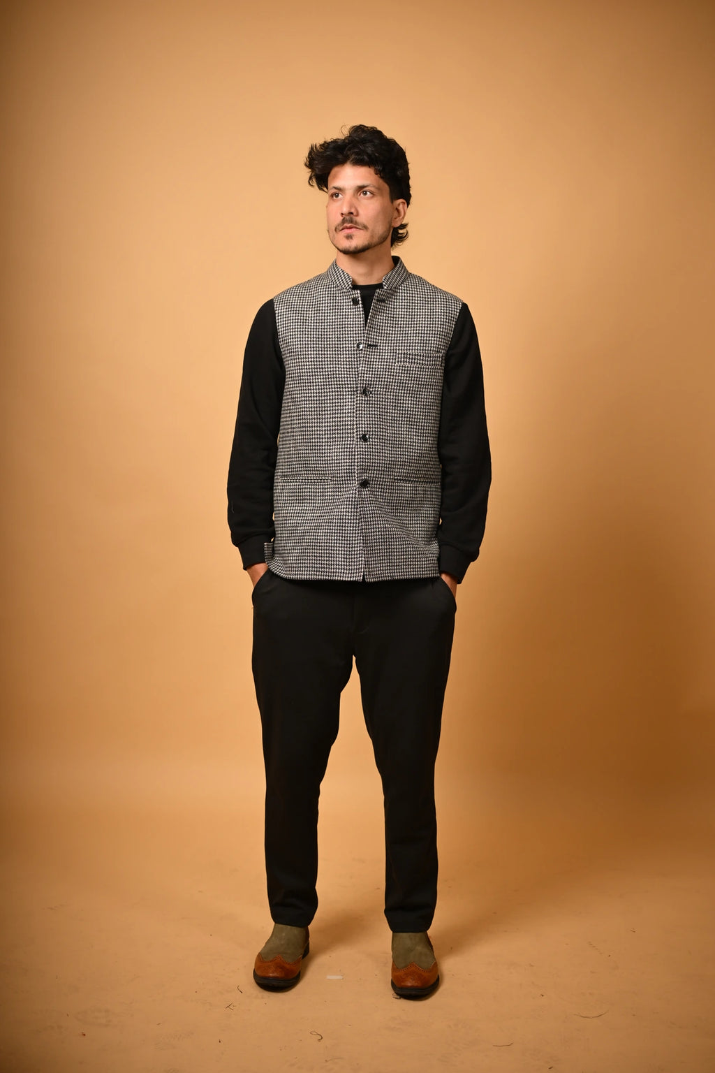 Grey With Black Mini Houndstooth Woollen Waistcoat