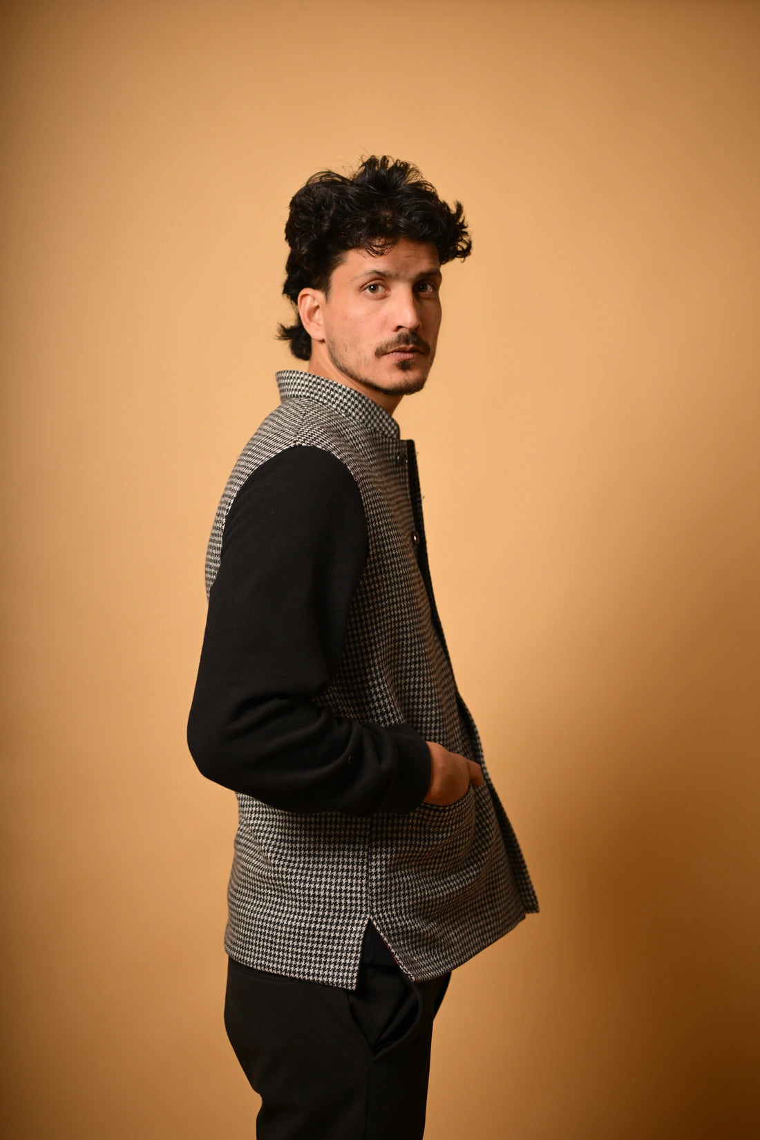 Grey With Black Mini Houndstooth Woollen Waistcoat