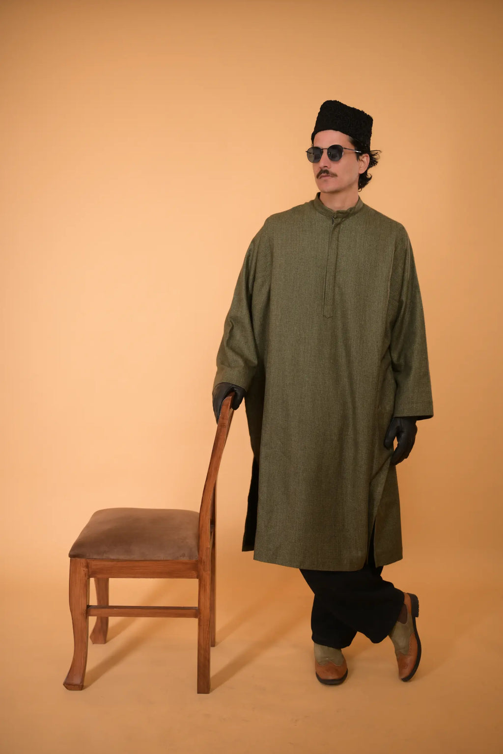 baraqah green micro check gents winter pheran 