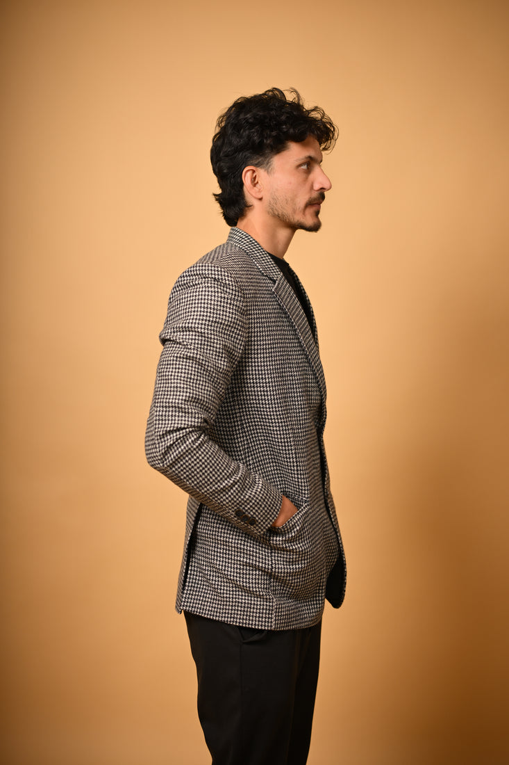 Grey With Black Mini Houndstooth Woollen Blazer