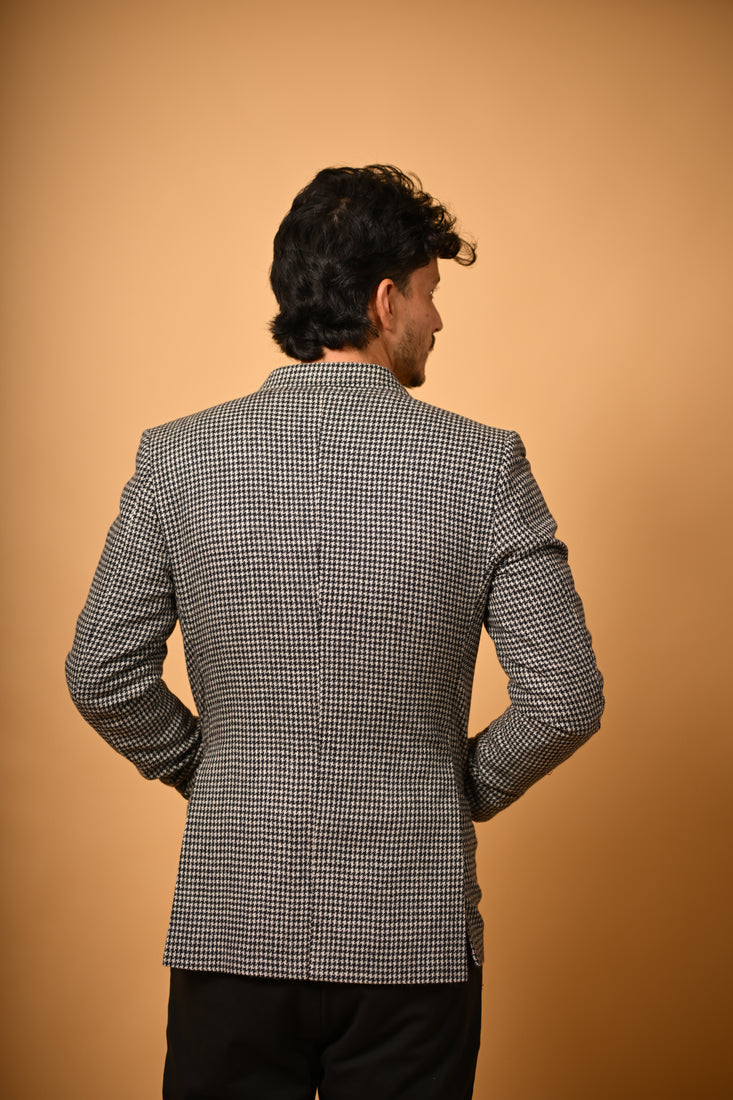 Grey With Black Mini Houndstooth Woollen Blazer