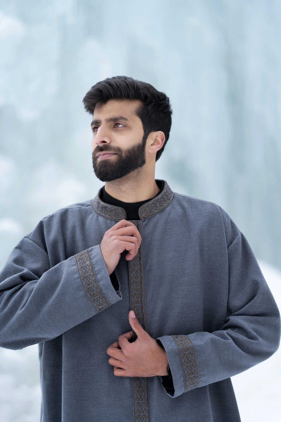 Light Grey Embroidered Closed Overcoat | Not A Pheran