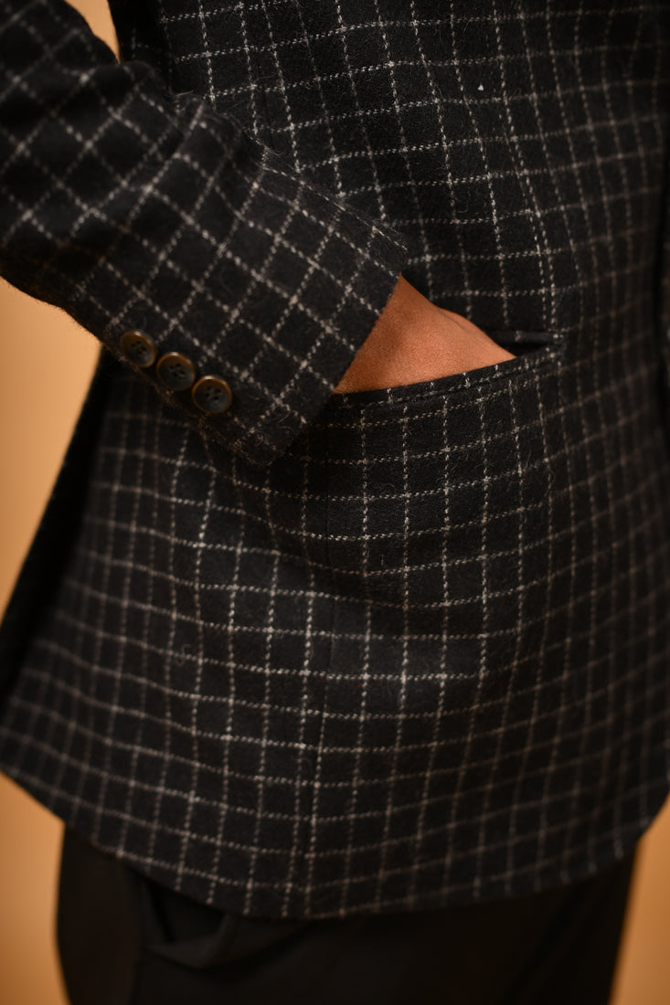 Black with White Micro Check Woollen Blazer