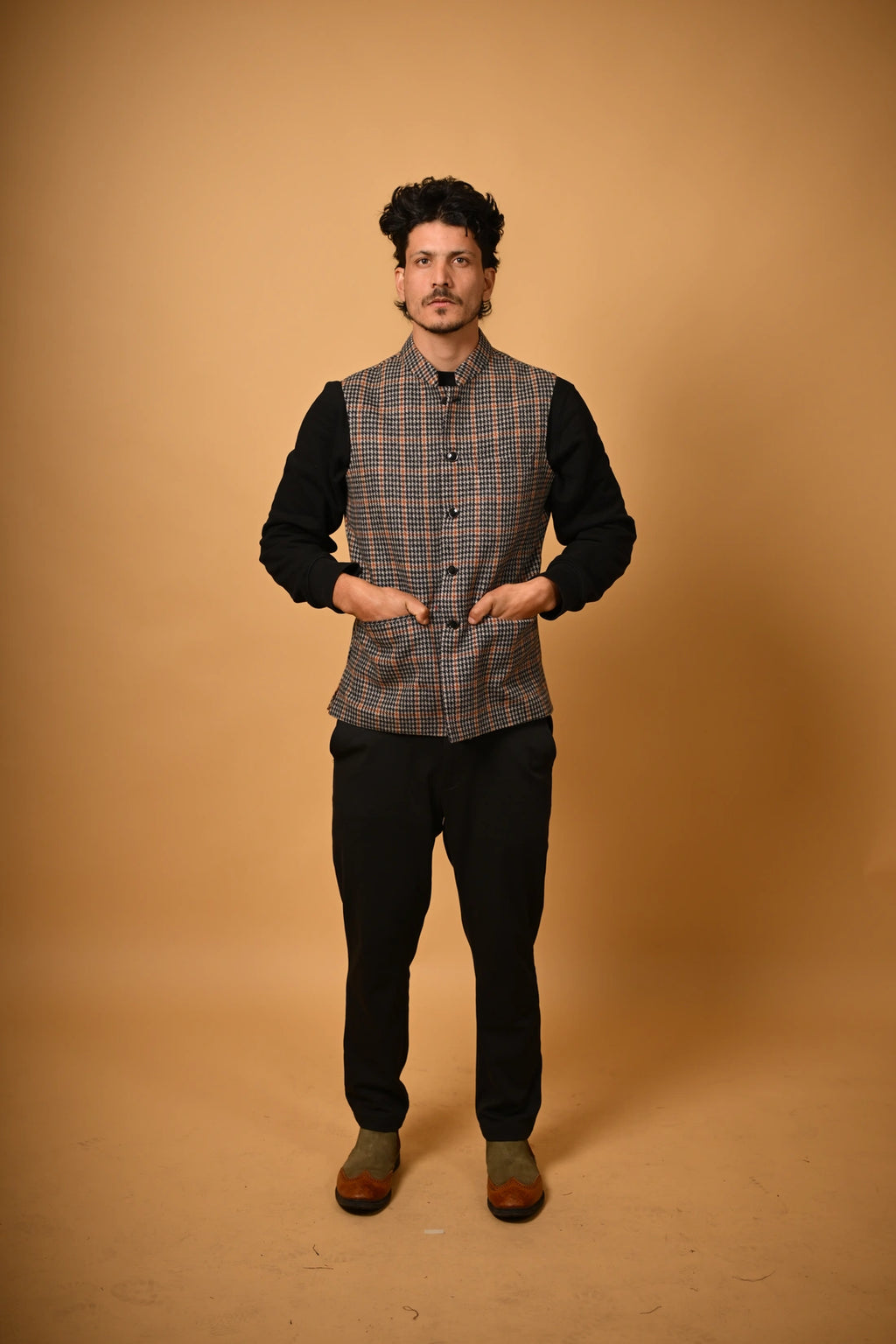 Brown with Black Glen Check Woollen Waistcoat