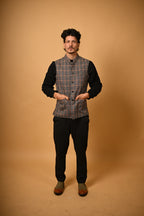 Brown with Black Glen Check Woollen Waistcoat
