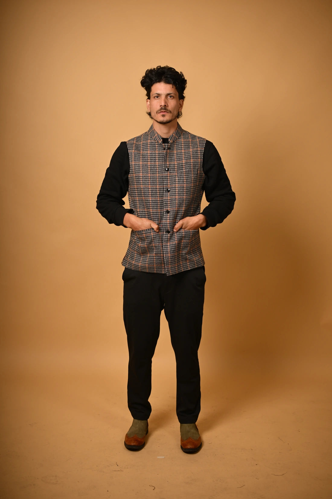 Brown with Black Glen Check Woollen Waistcoat
