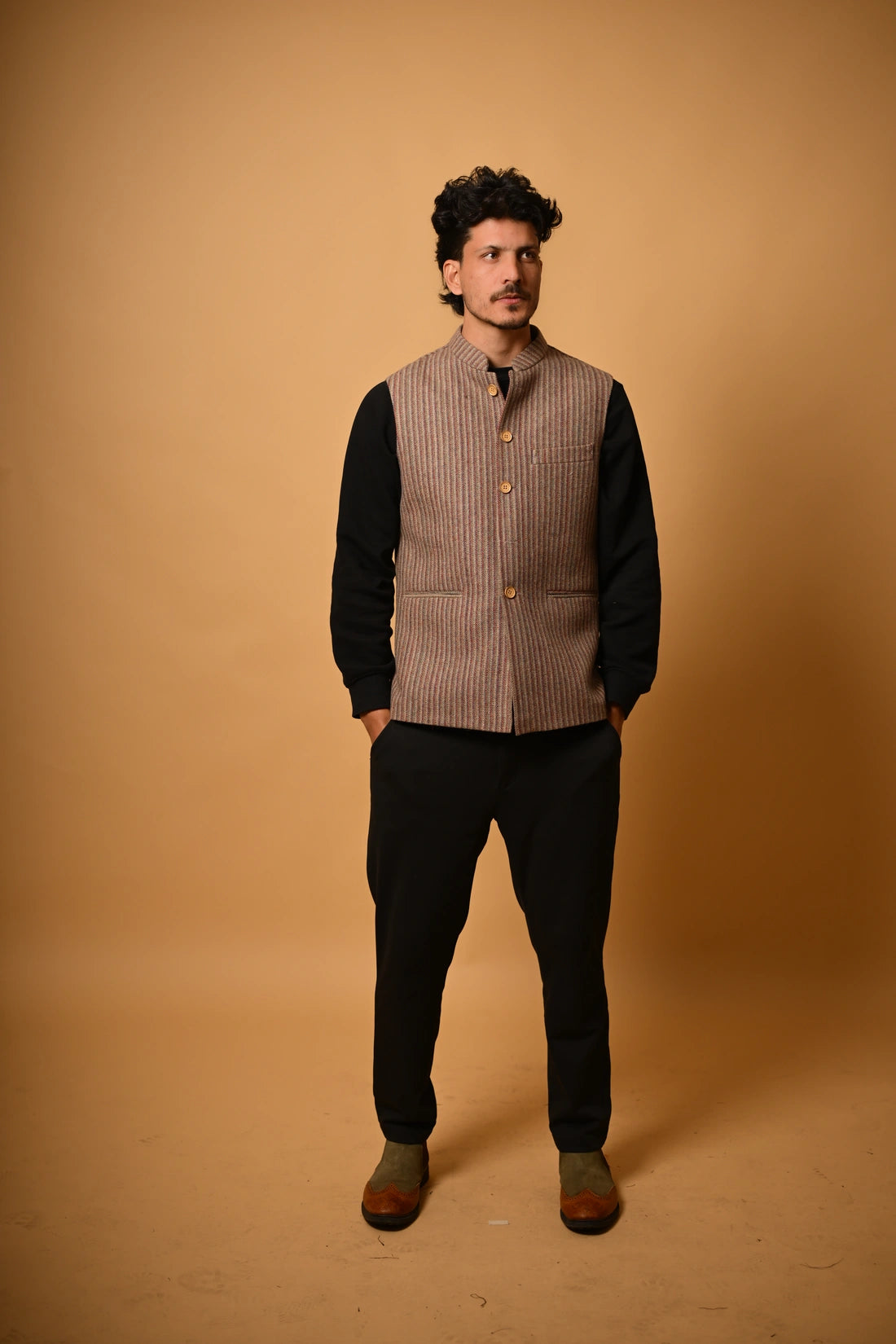 Warm Beige with Brown Pinstripes Woollen Waistcoat
