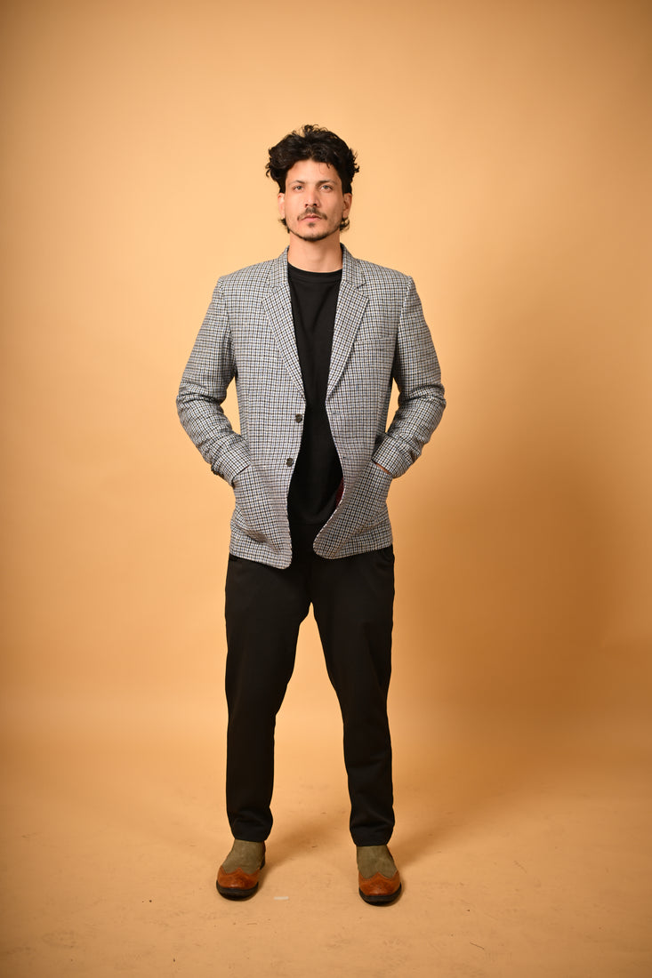 Sky Blue With Black Mini Check  Woollen Blazer