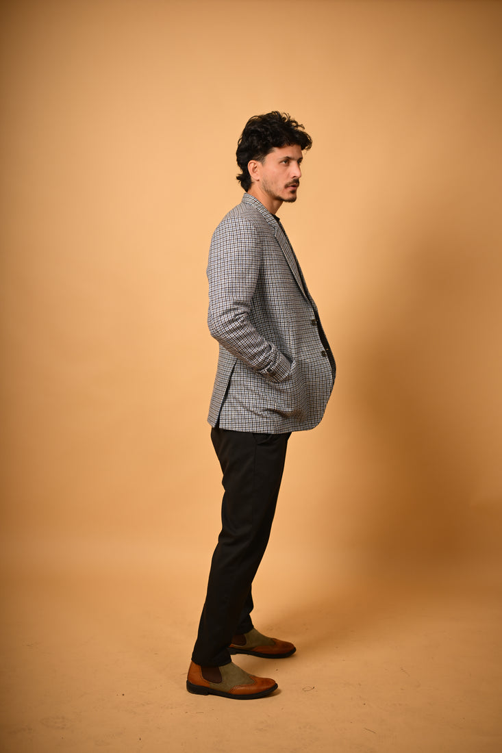 Sky Blue With Black Mini Check  Woollen Blazer