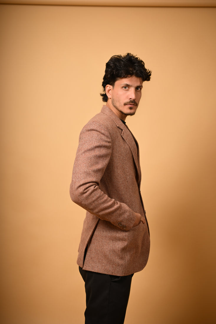 Soft Camel Brown Herringbone Woollen Blazer