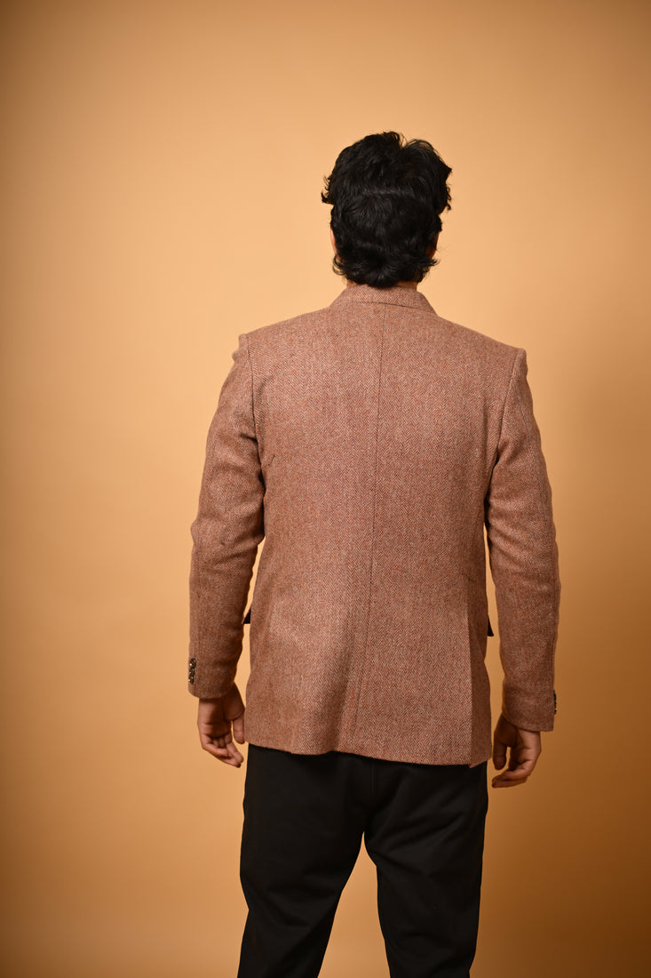Soft Camel Brown Herringbone Woollen Blazer