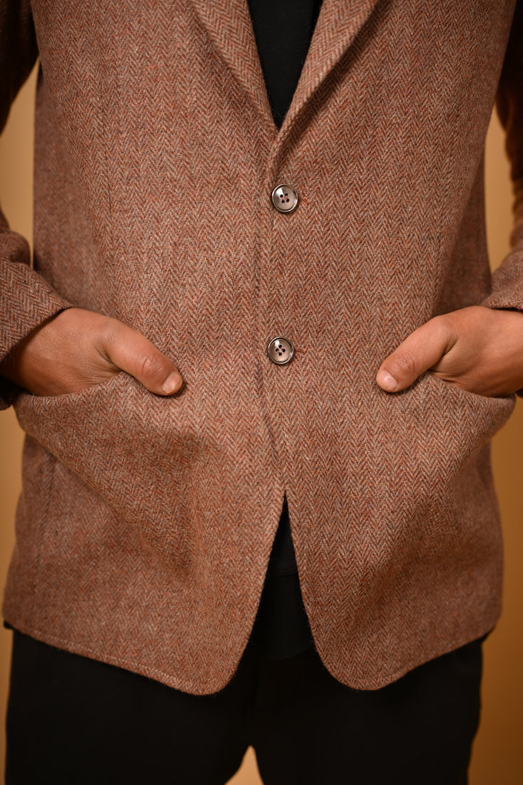 Soft Camel Brown Herringbone Woollen Blazer