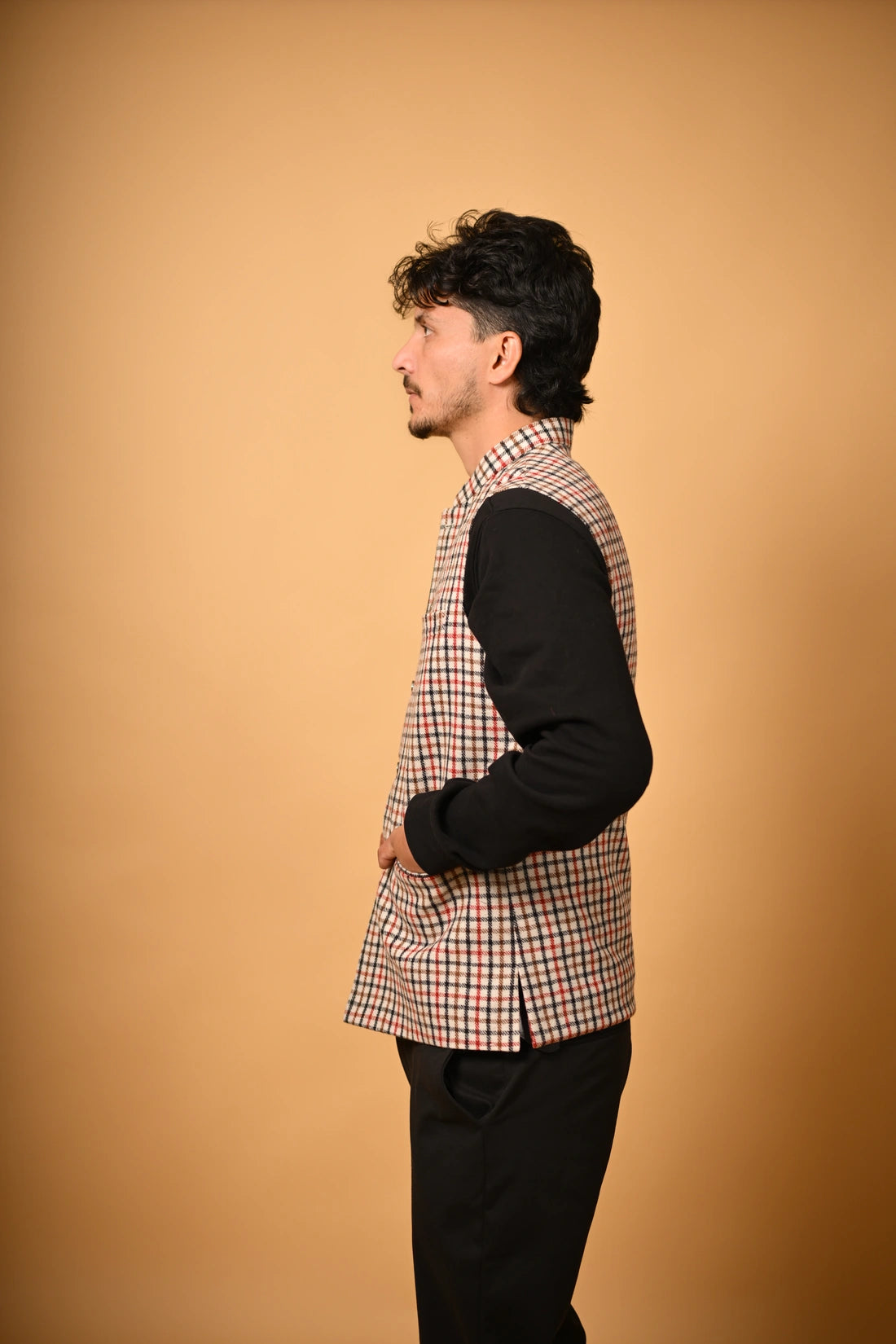 Cream Base with Red & Black Checks  Woollen Waistcoat