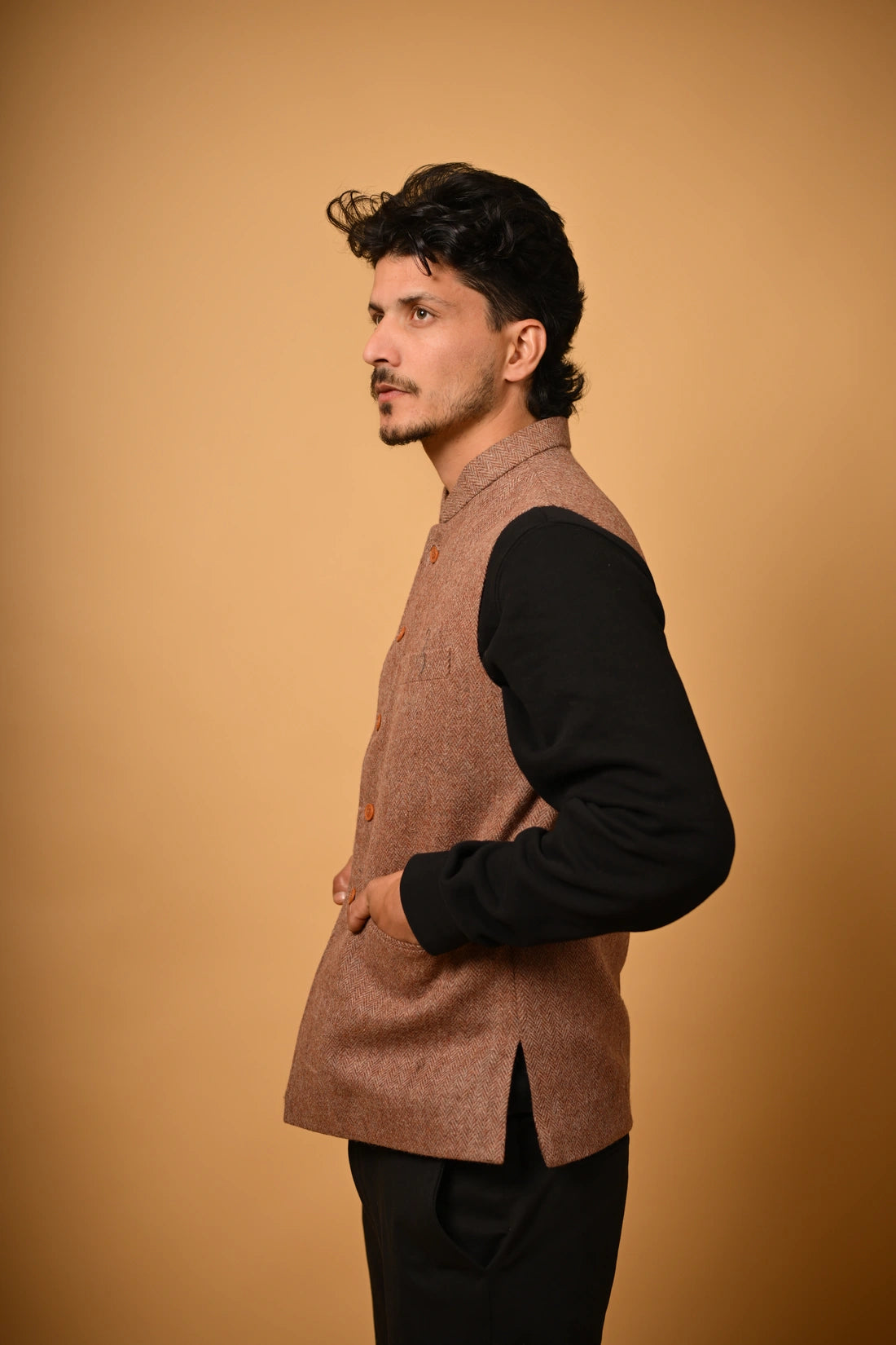 Soft Camel Brown Herringbone Woollen  Waistcoat