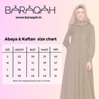baraqah female abaya size chart 