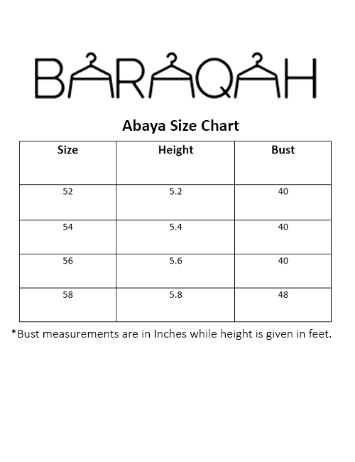 baraqah female prayer abaya size chart
