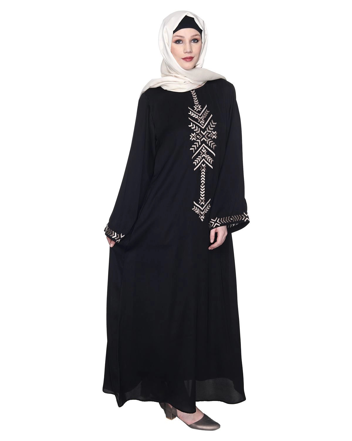 Black Front Closed Abaya With Angular Embroidery Design