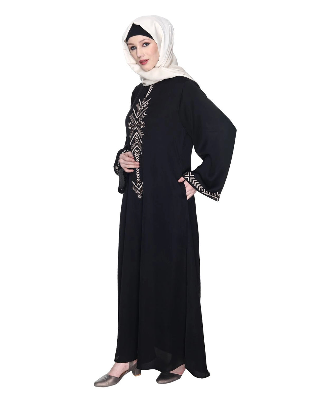 Black Front Closed Abaya With Angular Embroidery Design