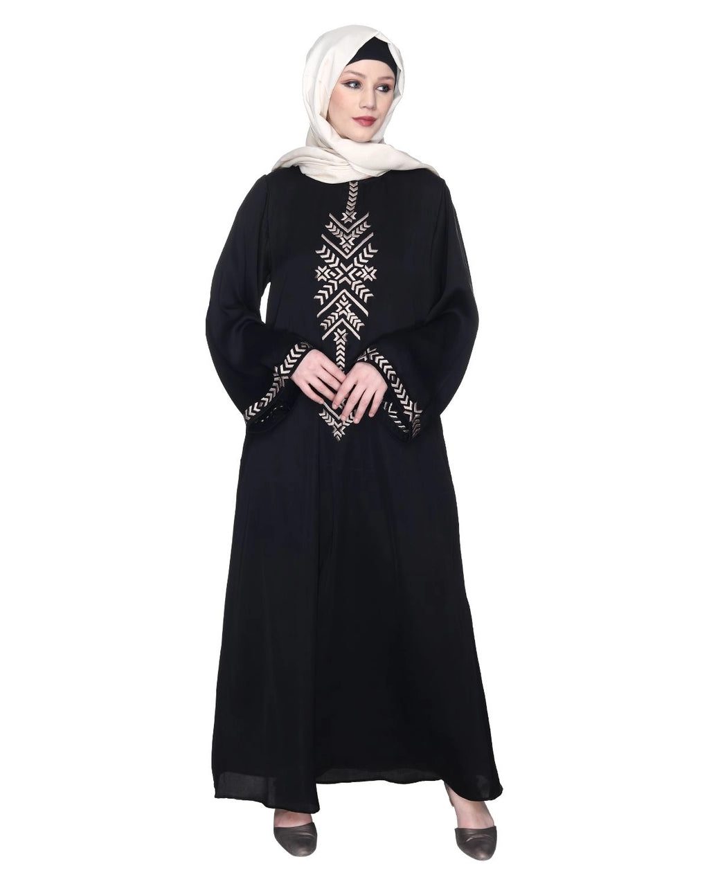 Black Front Closed Abaya With Angular Embroidery Design
