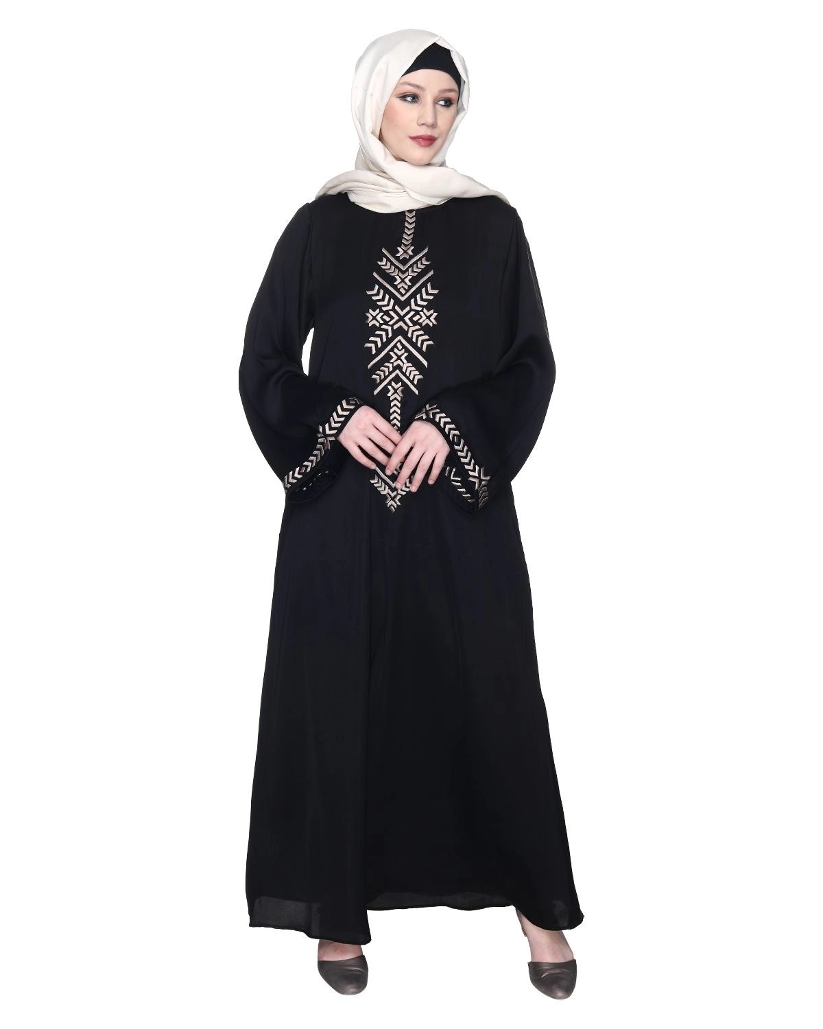 Black Front Closed Abaya With Angular Embroidery Design