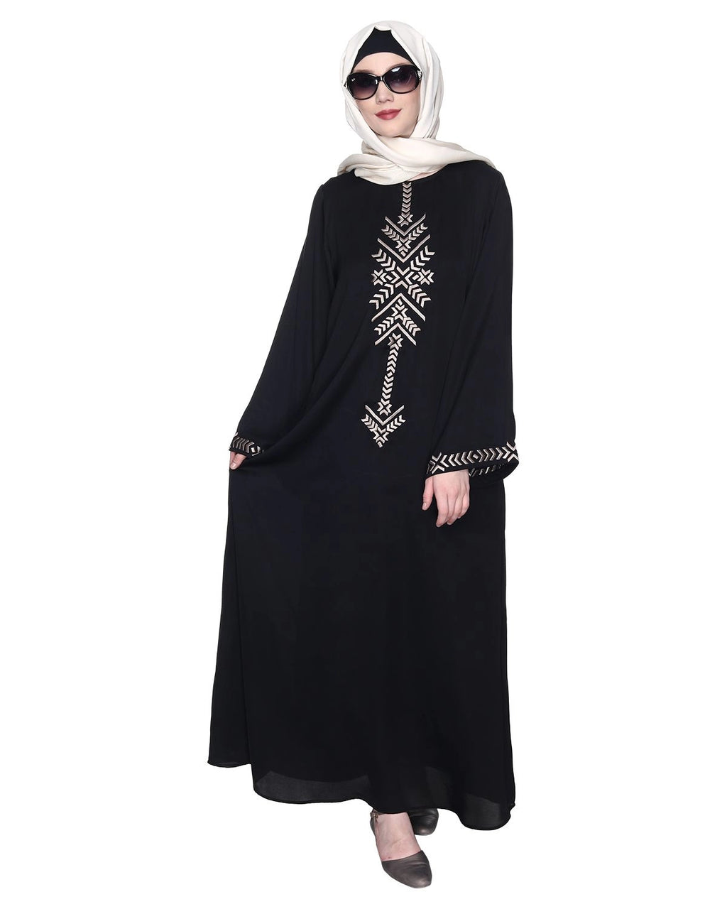 Black Front Closed Abaya With Angular Embroidery Design