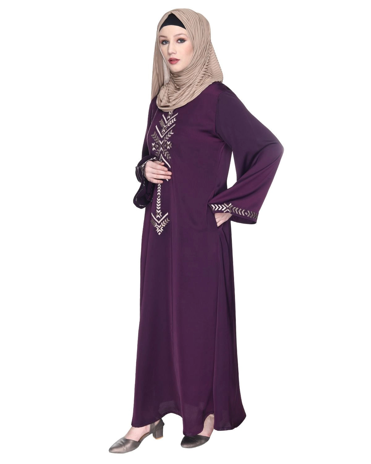 Purple Front Closed Abaya With Angular Embroidery Design