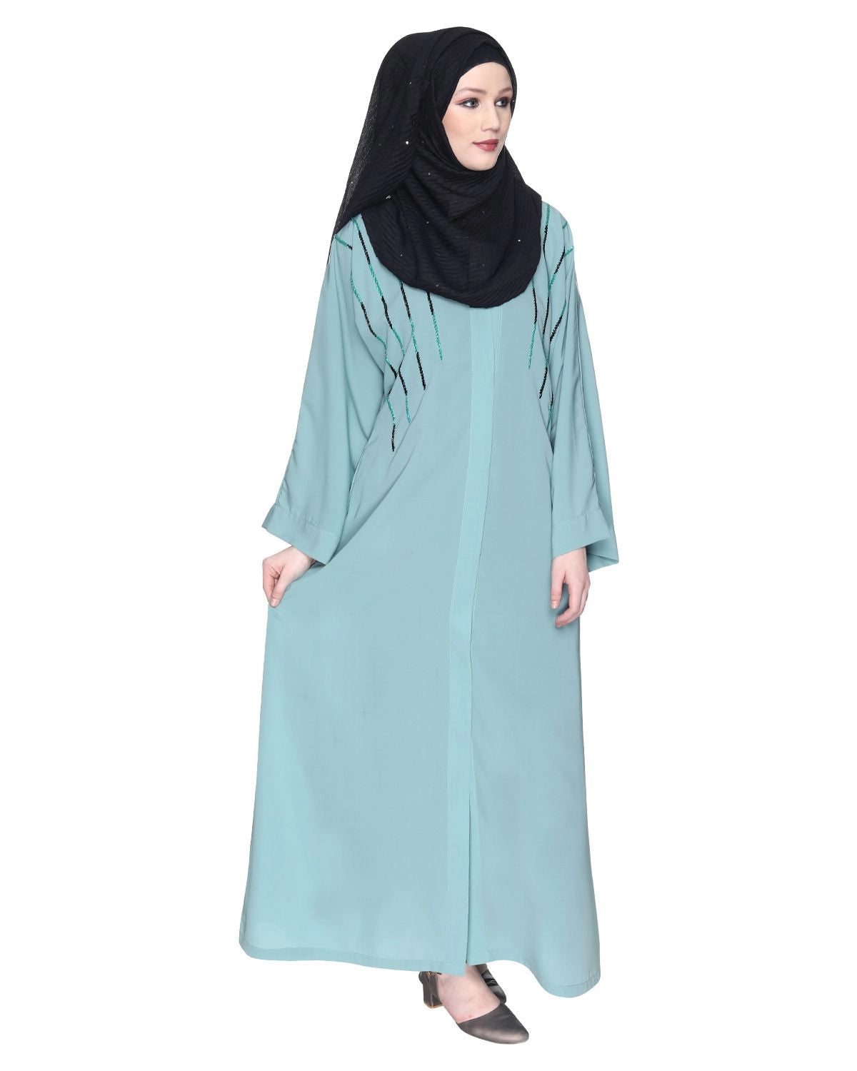 Sage Green Four Line Hand Embroidered Abaya