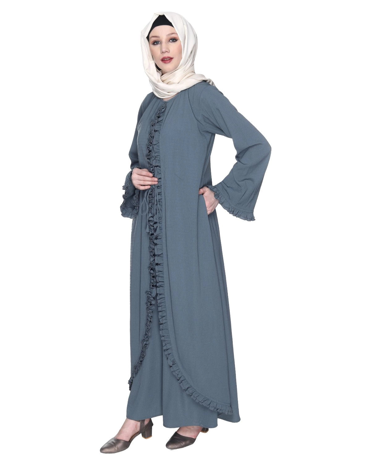 Grey Jacket Syle Frill Abaya