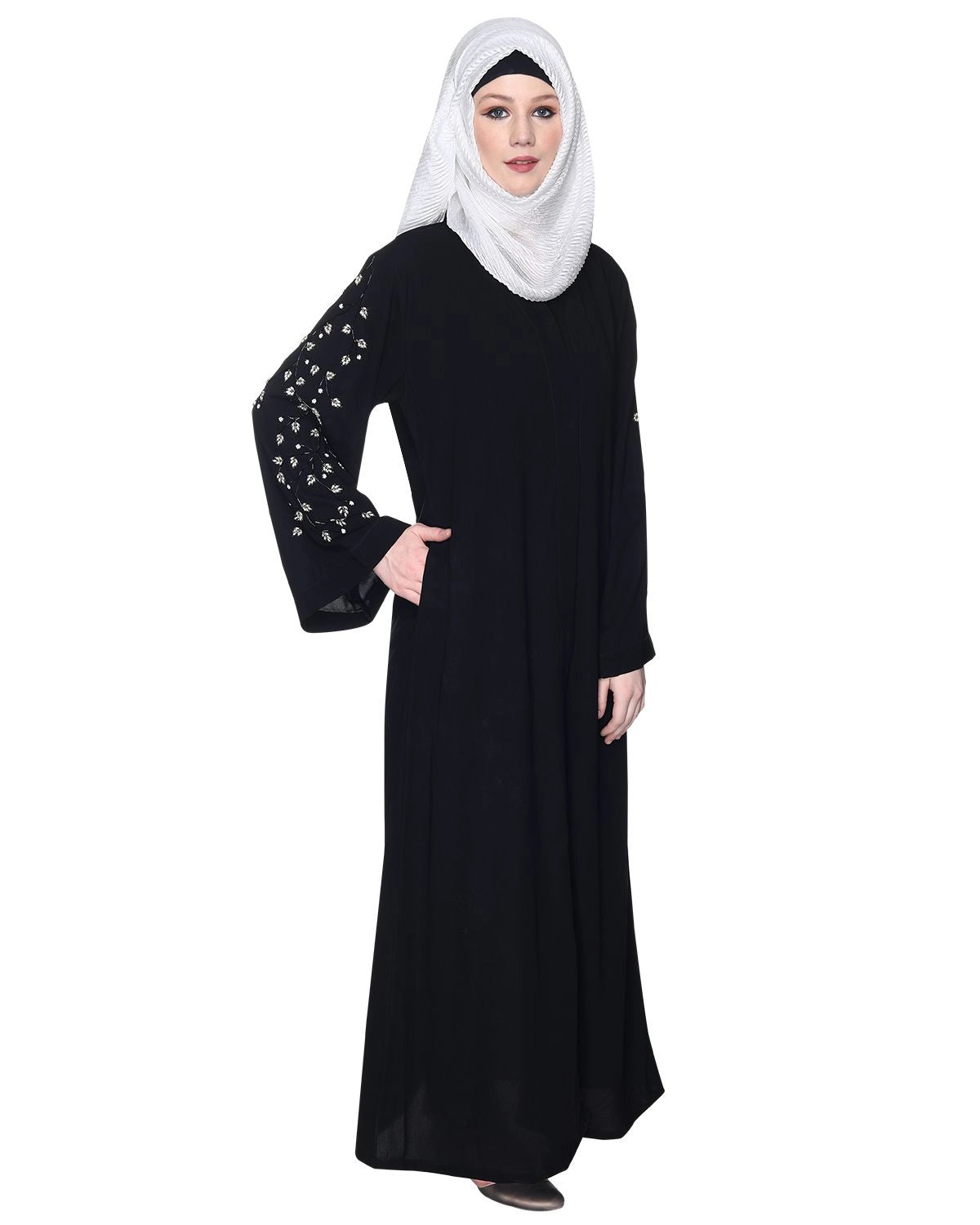 Abaya With Sparkling Hand-Embroidered Sleeves
