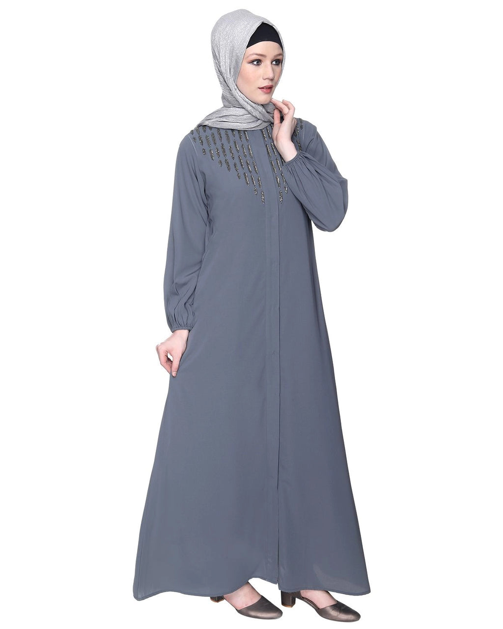 Grey Abaya With Flashy Metallic Beads Embroidery
