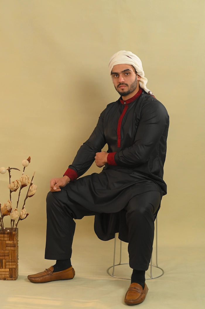 black embrioded men premium kurta pajama