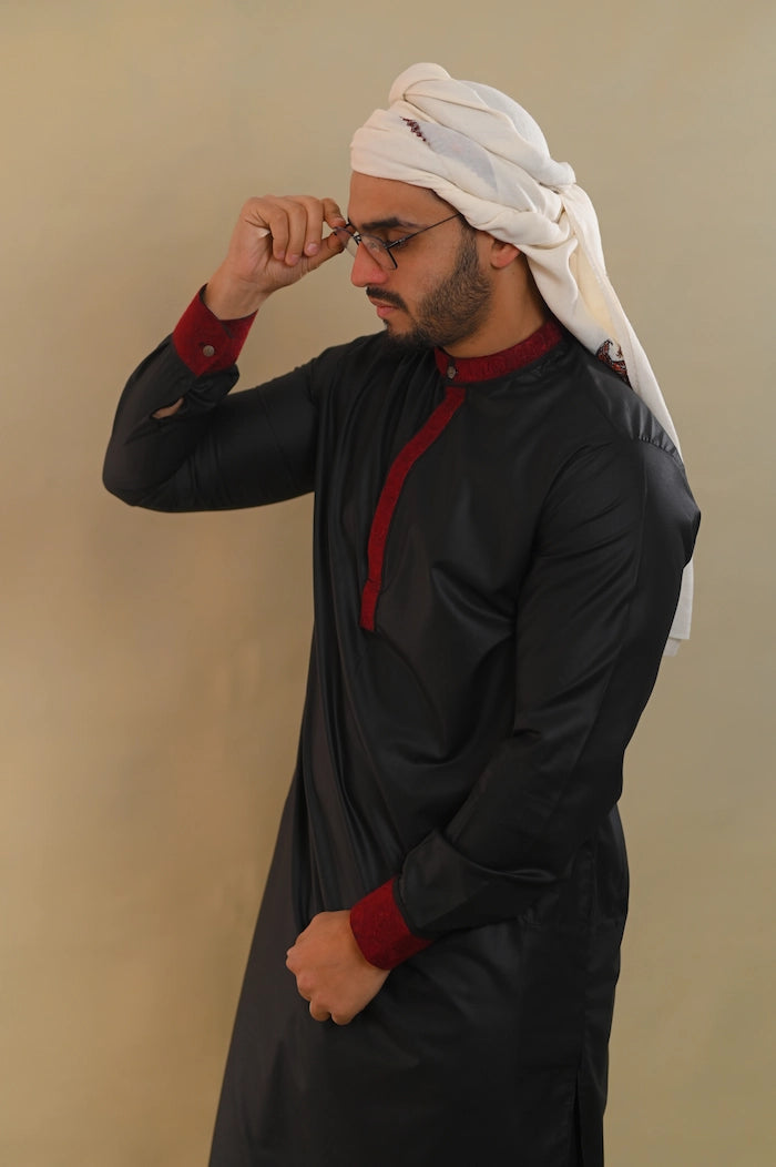 black embrioded men premium kurta pajama