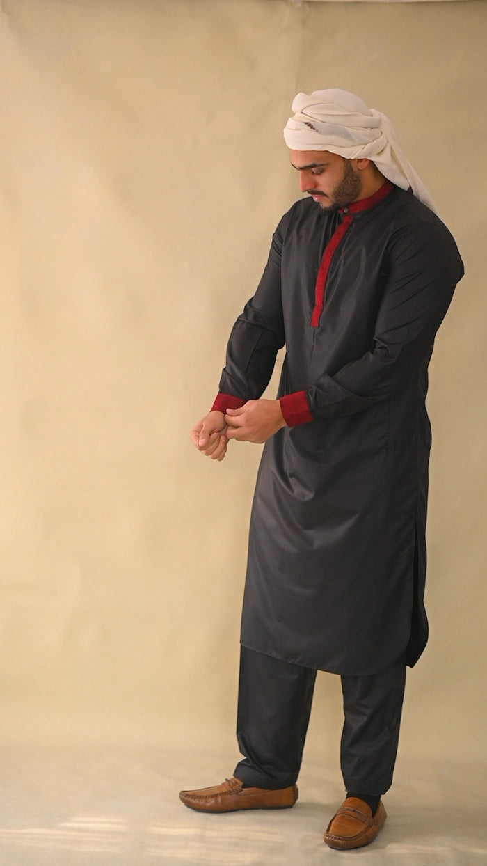 black embrioded men premium kurta pajama