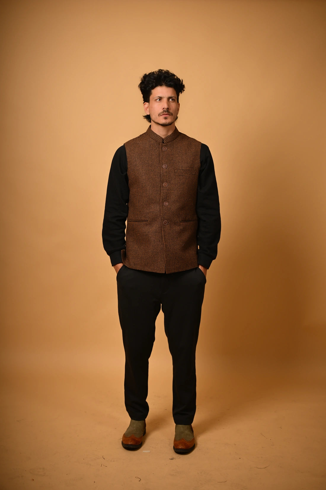Coffee Brown Houndstooth Woollen Waistcoat for men 
