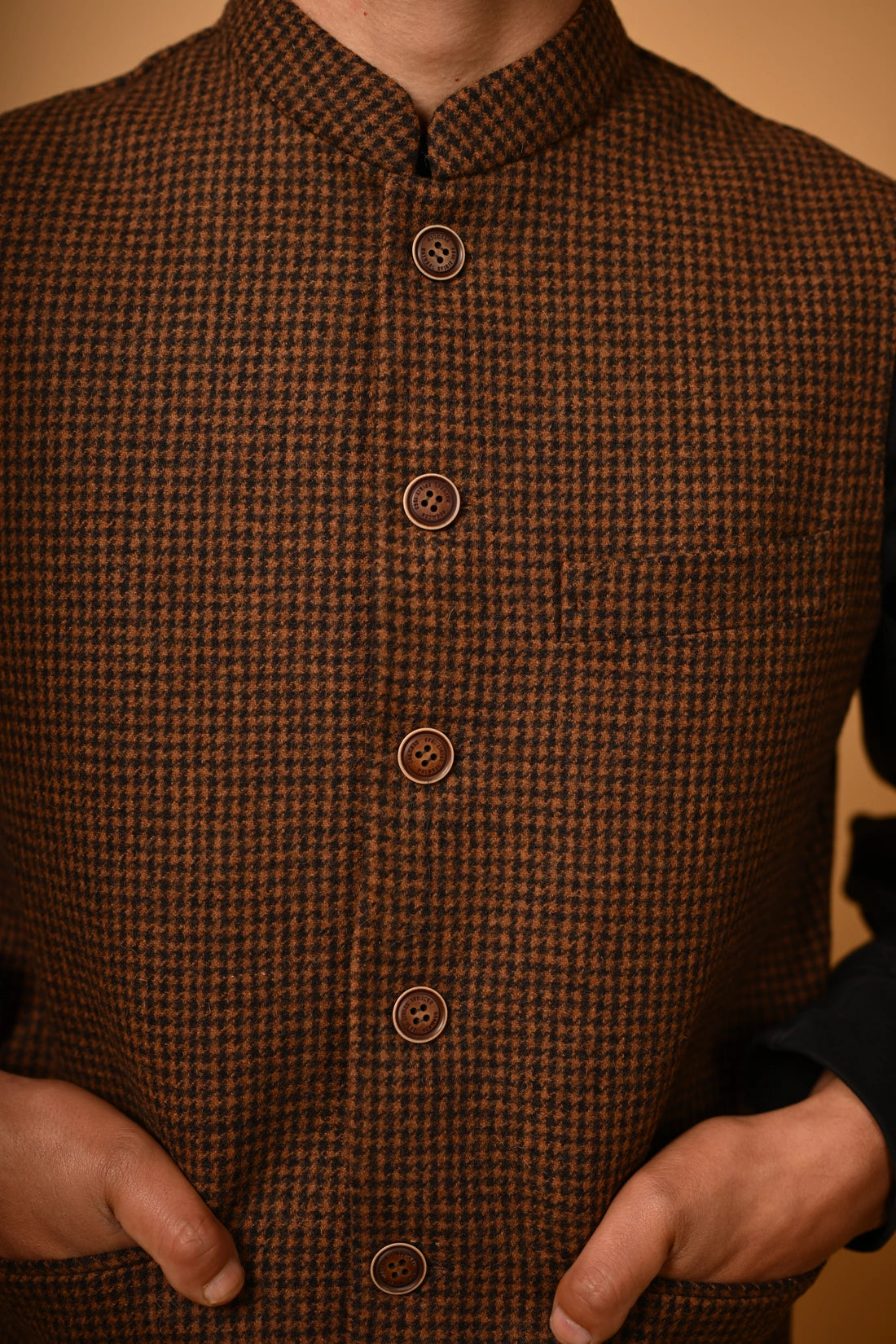 Coffee Brown Houndstooth Woollen Waistcoat