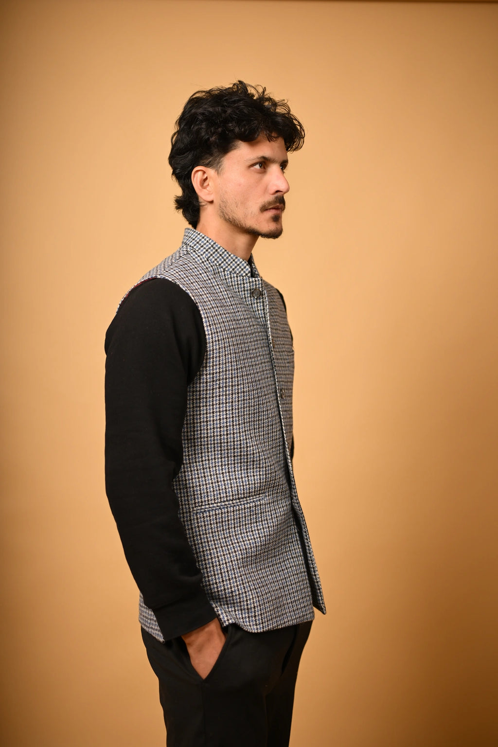 Sky Blue With Black Mini Check Woollen Waistcoat