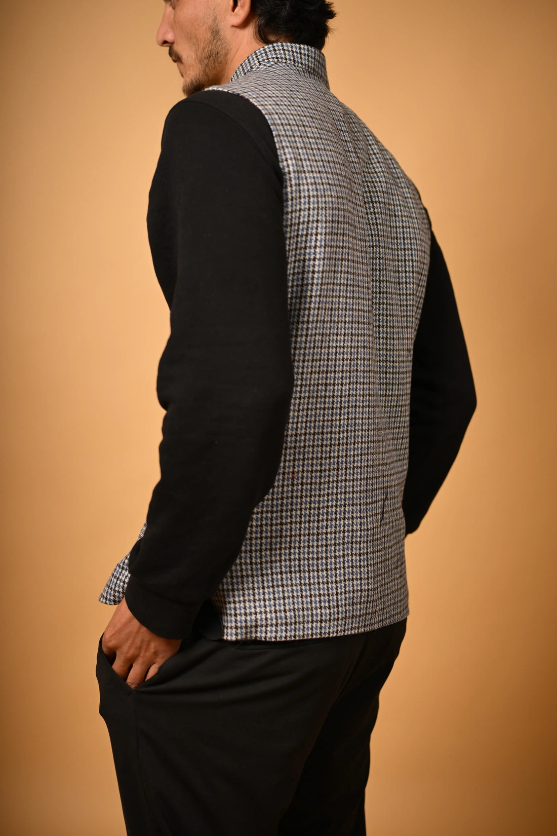 Sky Blue With Black Mini Check Woollen Waistcoat