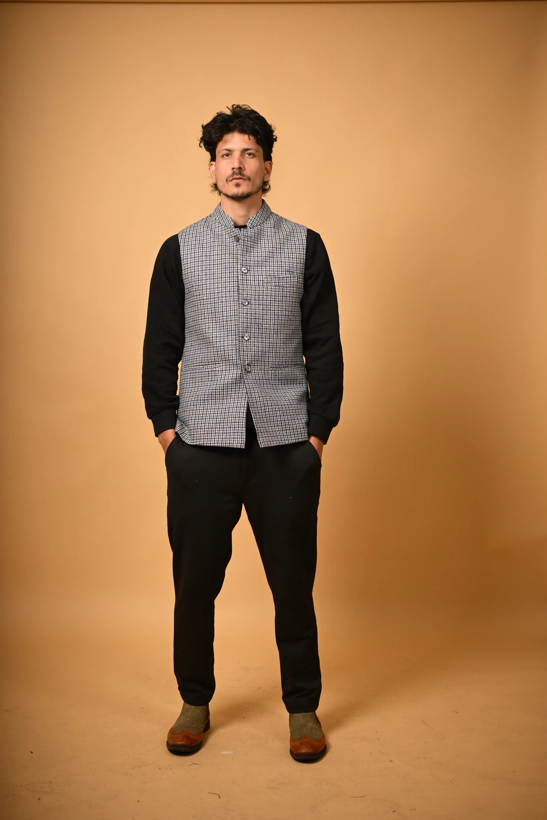Sky Blue With Black Mini Check Woollen Waistcoat