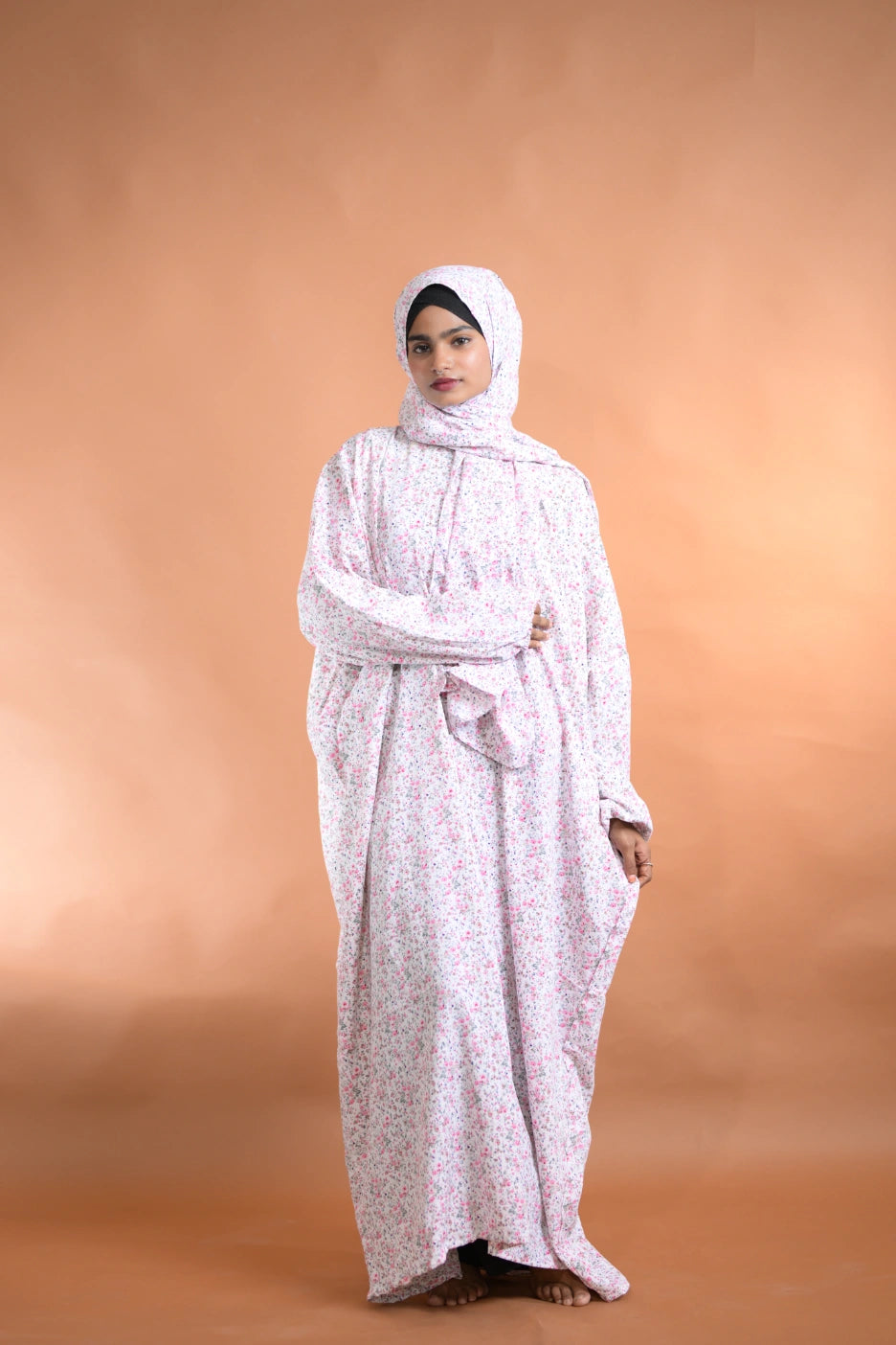 White & Pink Floral Abaya