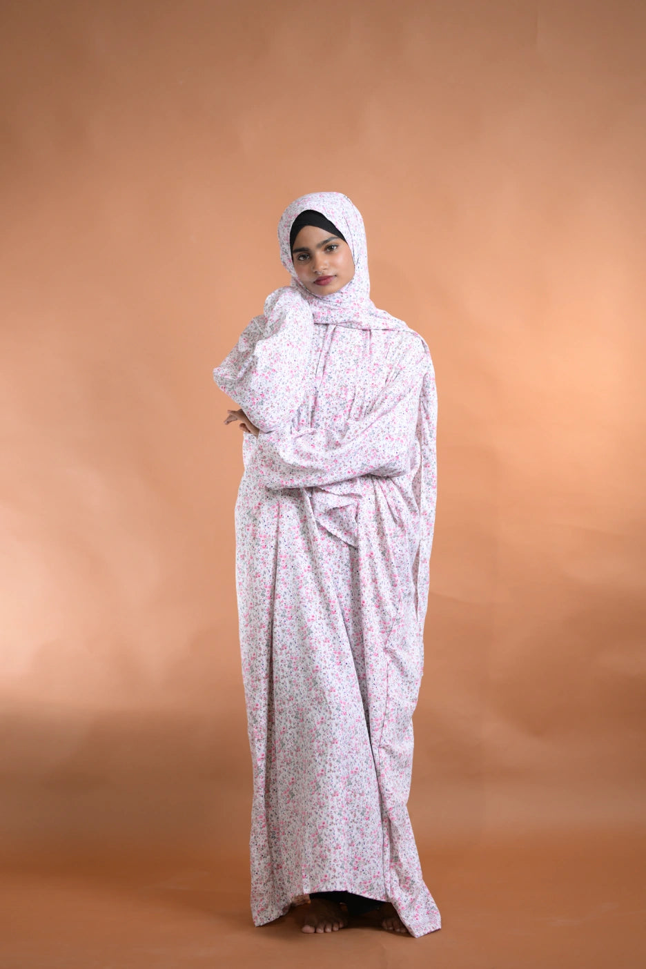 White & Pink Floral Abaya