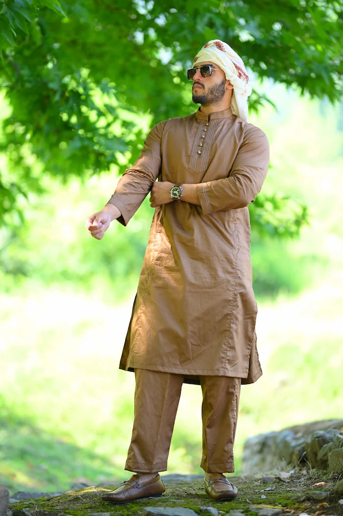 baraqah men glossy brown summer kurta pajama 