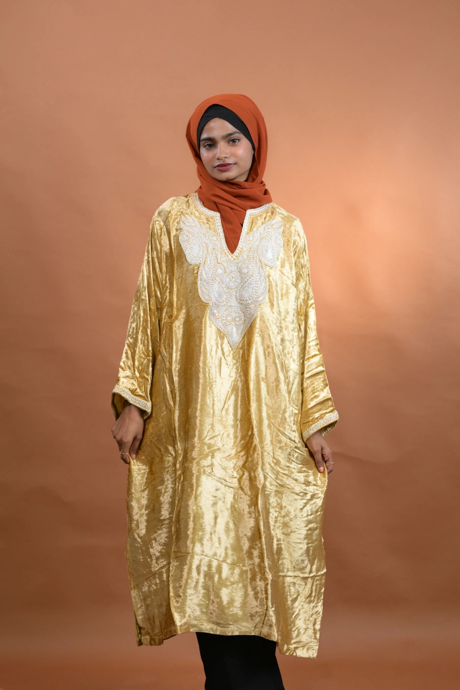 Golden Velvet Kashmiri Pheran For Females