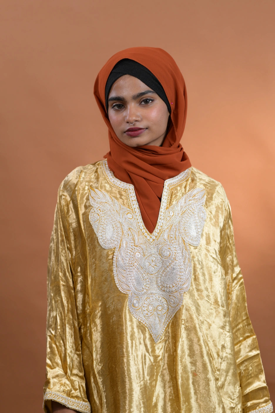 Golden Velvet Kashmiri Pheran For Females