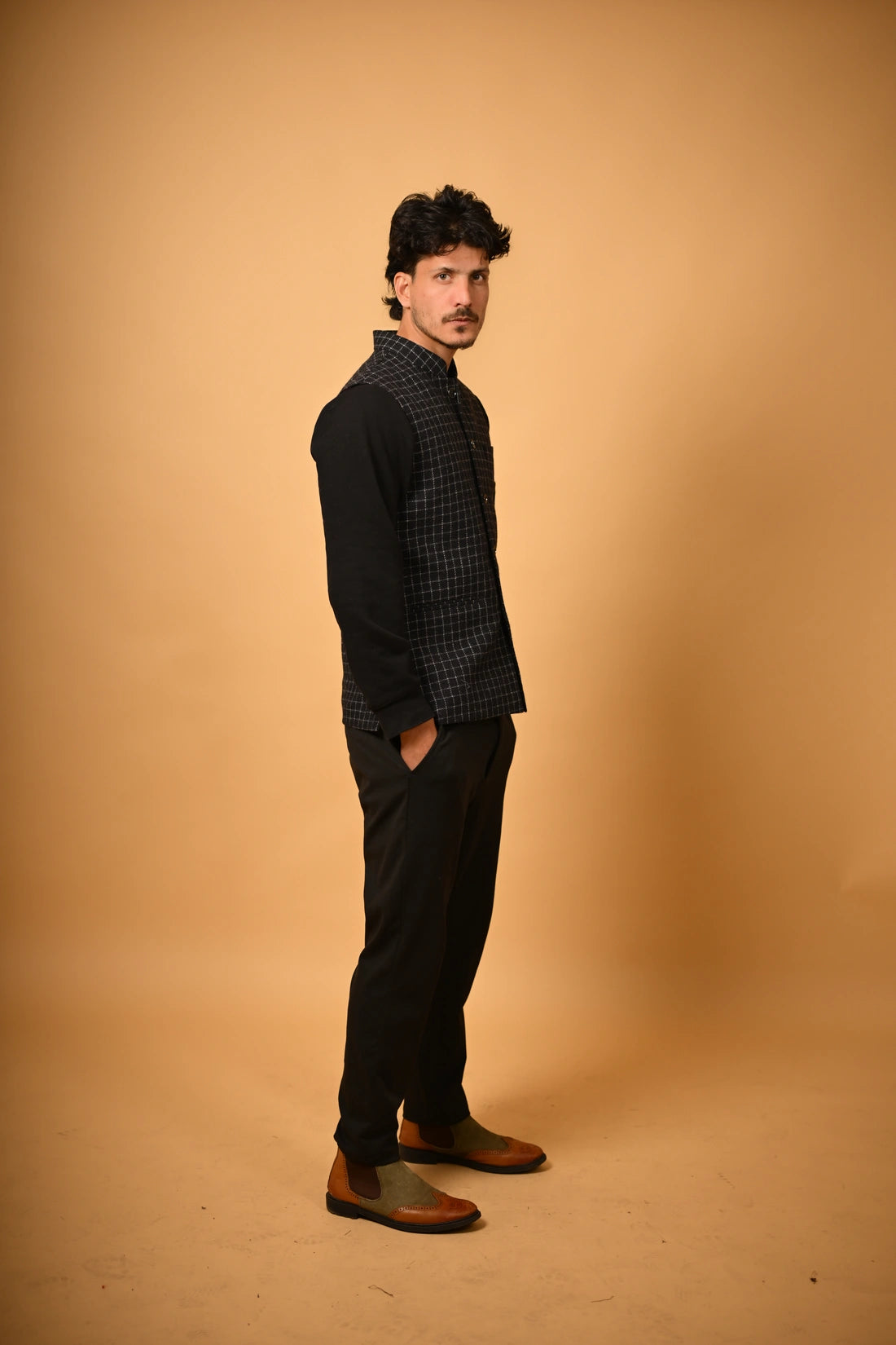 Black with White Micro Check Woollen Waistcoat