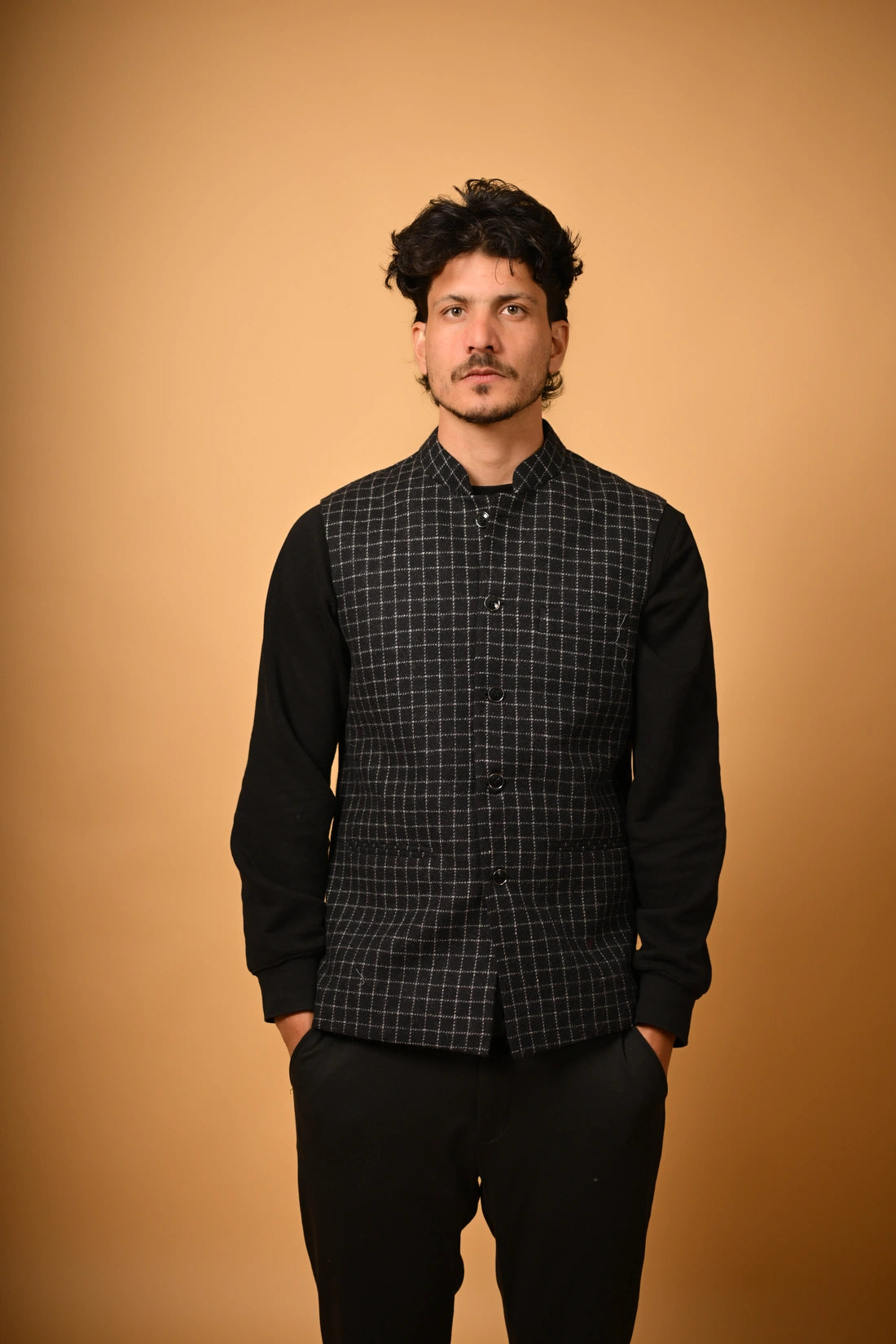 Black with White Micro Check Woollen Waistcoat