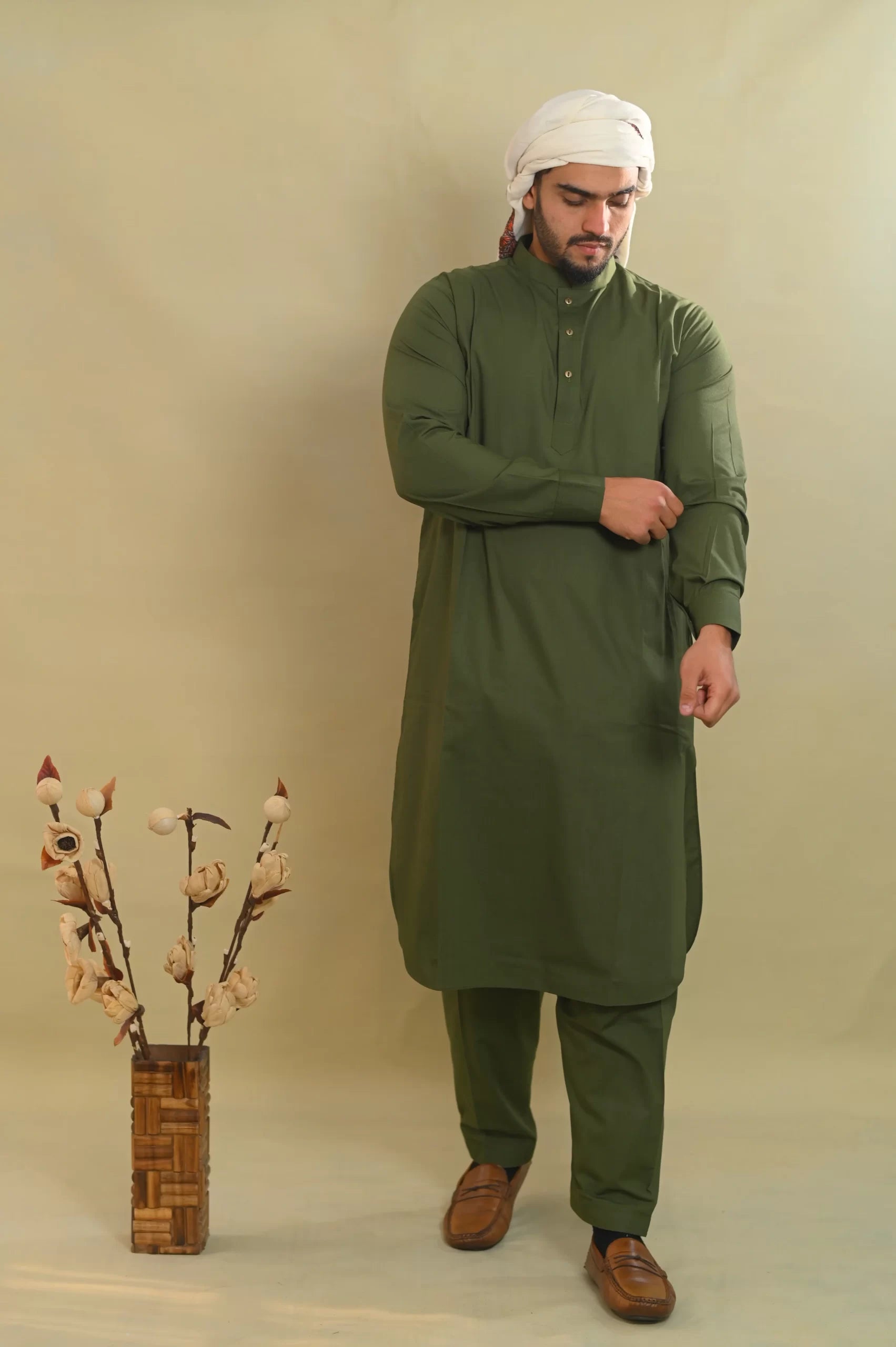 baraqah olive green kurta pajama for men 