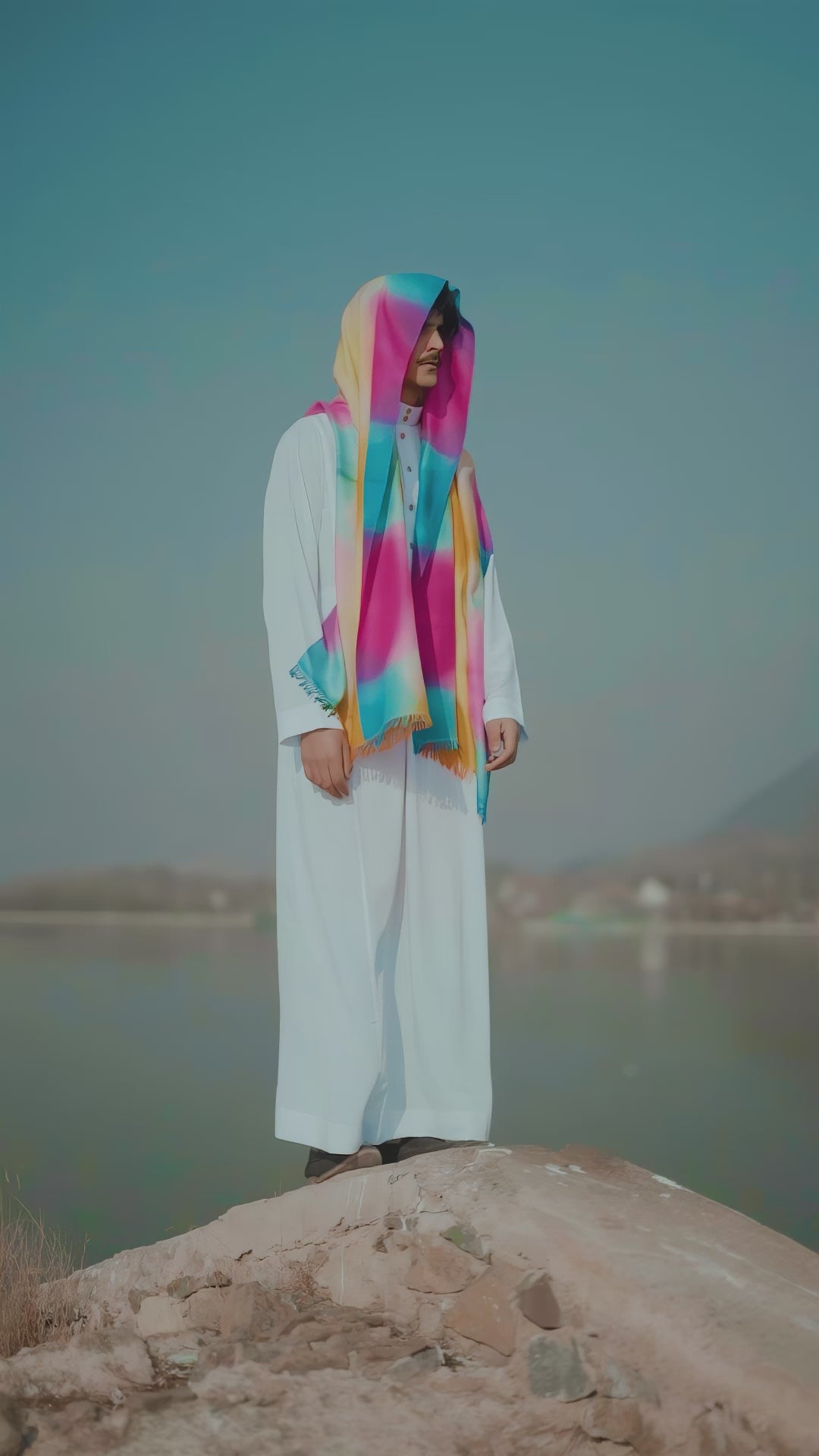 men wearing white thode and a colorful instagram gradient scarf 